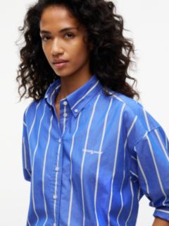 Oversized Fit Cropped Gathered Poplin Shirt — Blue 3