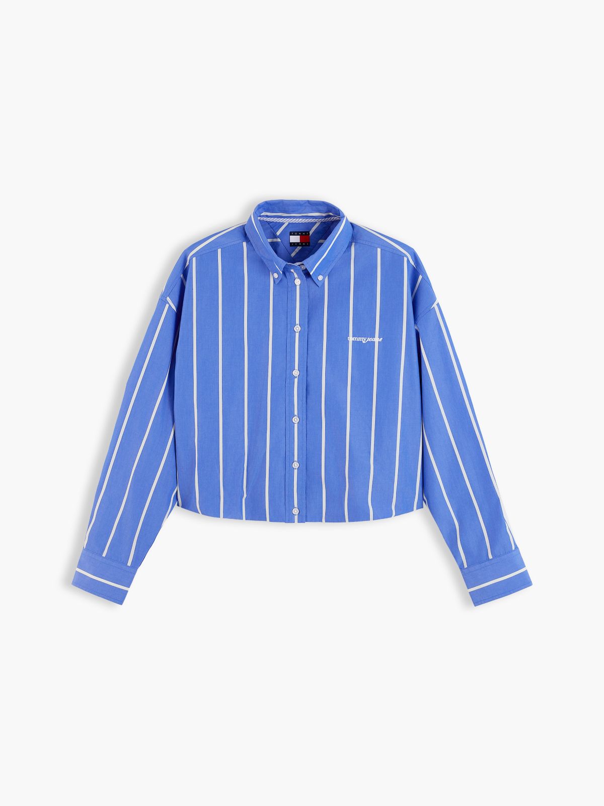 Oversized Fit Cropped Gathered Poplin Shirt — Blue
