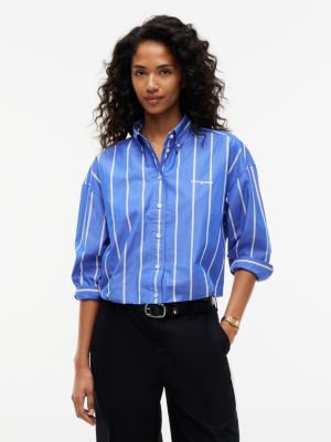 blue marszczona koszula popelinowa o skróconym kroju oversize dla kobiety - tommy jeans
