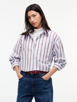 blue oversized fit yarn dyed poplin shirt for women tommy jeans