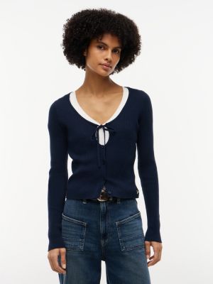 blue extra slim logo tie neck cardigan for women tommy jeans