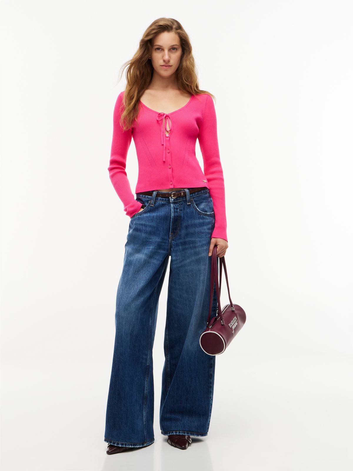 Extra Slim Logo Tie Neck Cardigan — Pink
