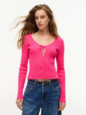 pink extra slim logo tie neck cardigan for women tommy jeans