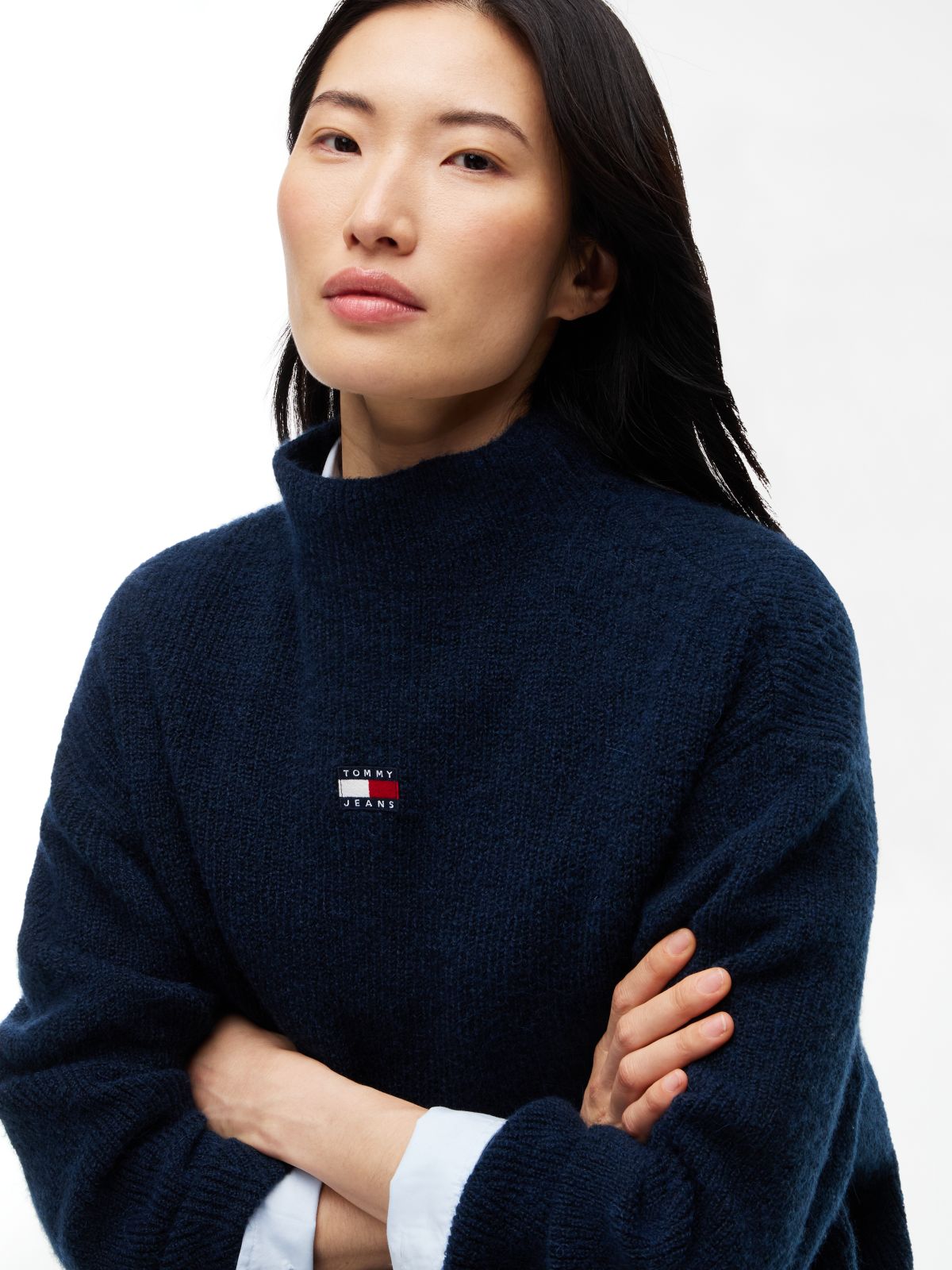 Tommy Badge Mock Neck Jumper With Alpaca — Blue