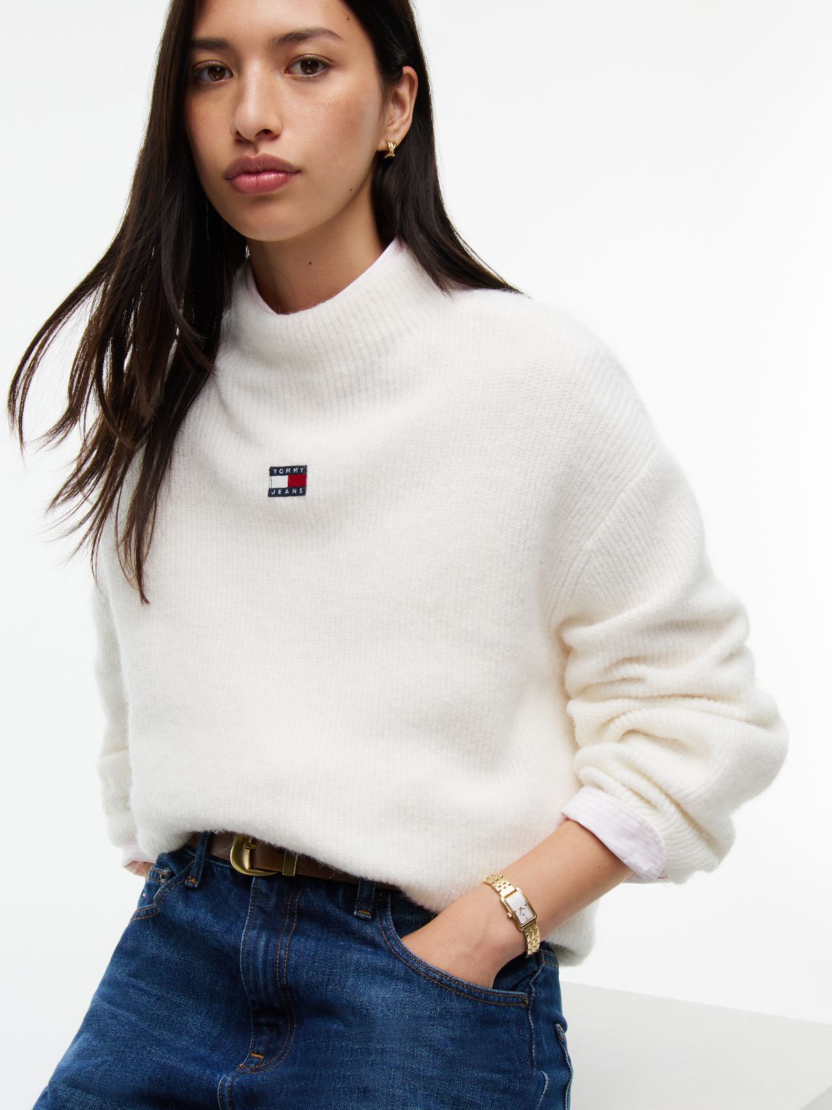 Tommy Badge Mock Neck Jumper With Alpaca — White