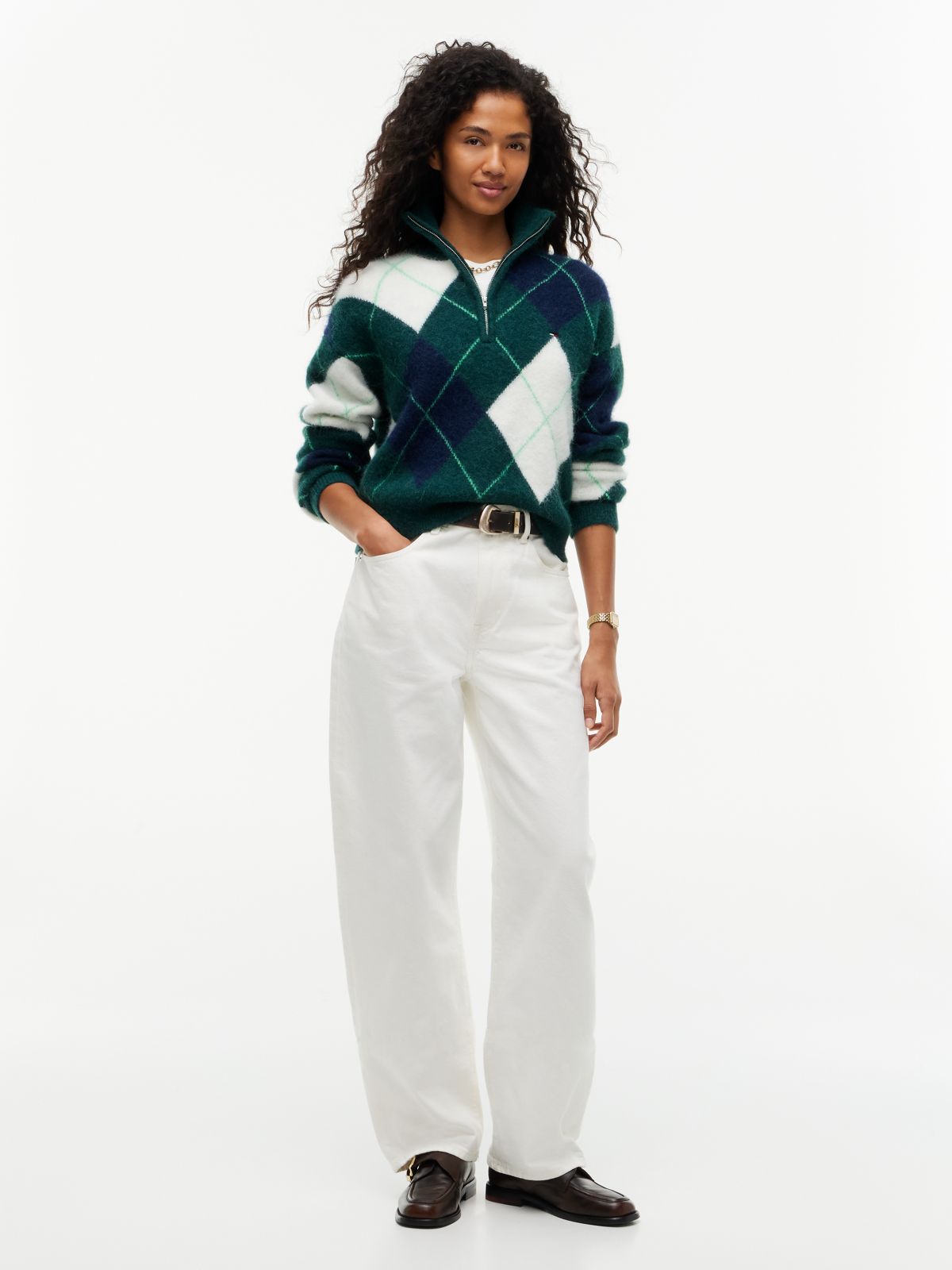 Alpaca Blend Fluffy Cropped Quarter-Zip Jumper — Green