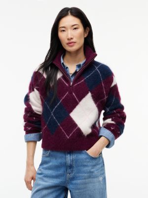 purple alpaca blend fluffy cropped quarter-zip jumper for women tommy jeans