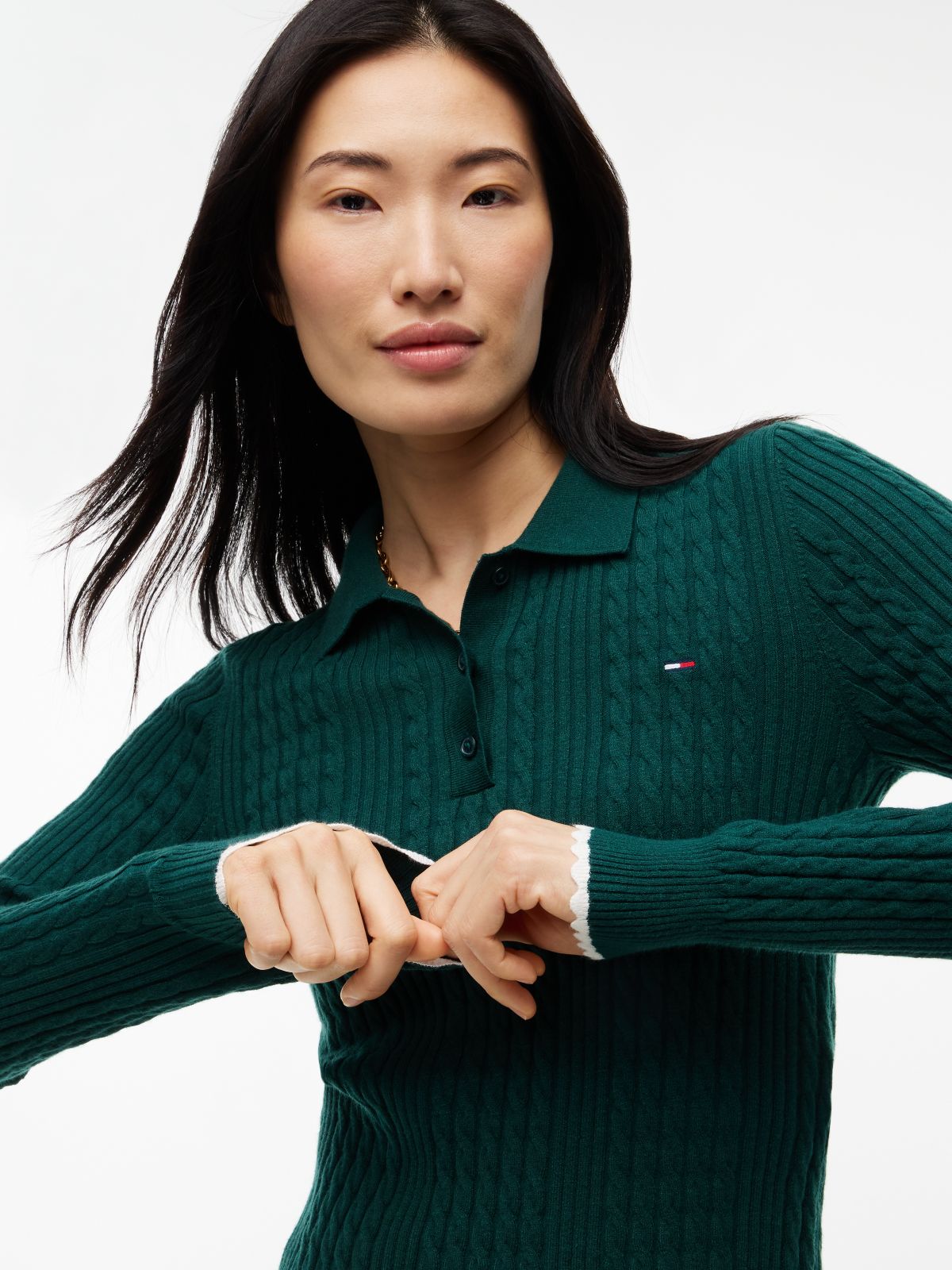 Micro Cable Knit Slim Polo Jumper — Green