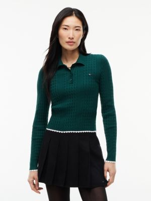 green micro cable knit slim polo jumper for women tommy jeans