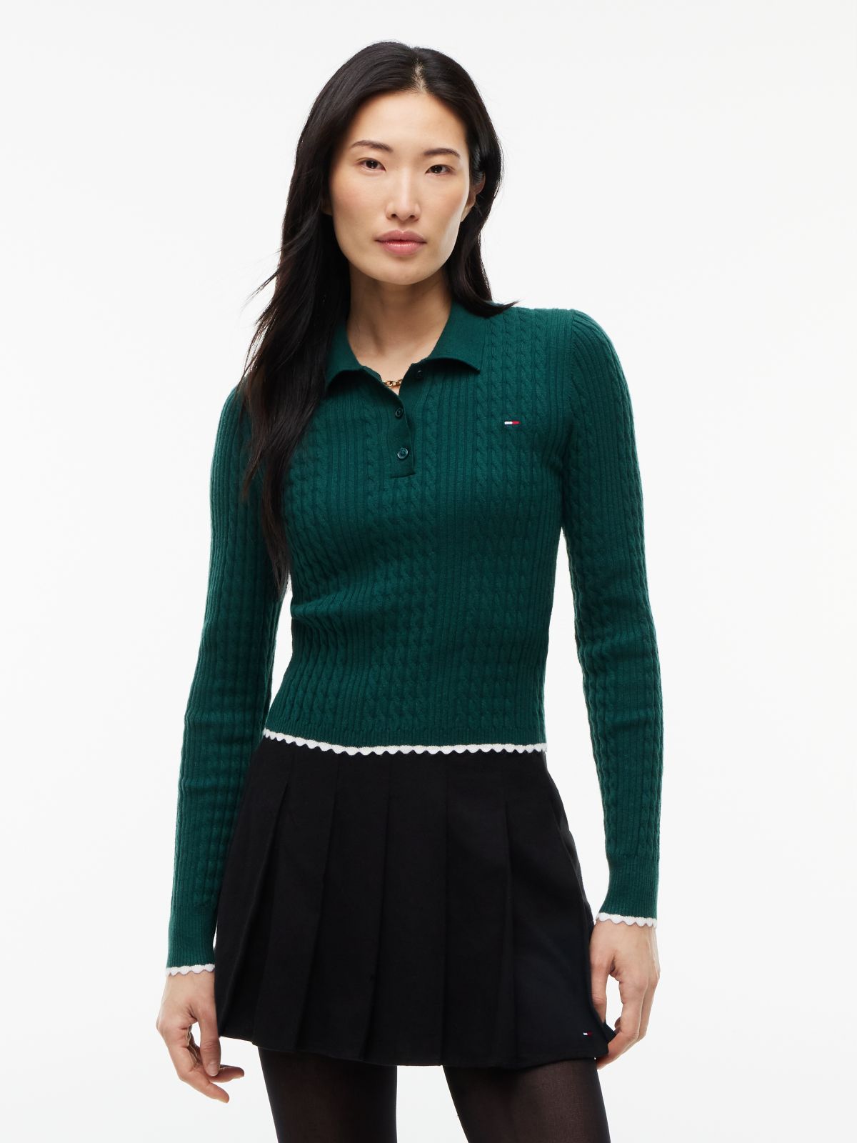 Micro Cable Knit Slim Polo Jumper — Green