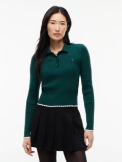 Micro Cable Knit Slim Polo Jumper — Green 1