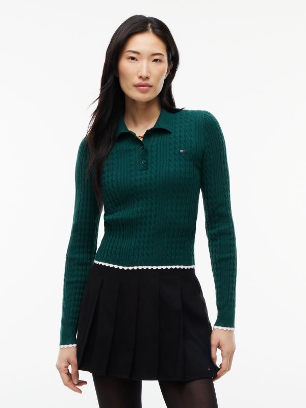 Micro Cable Knit Slim Polo Jumper — Green