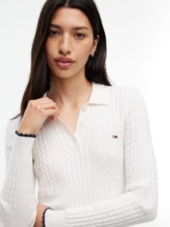 Micro Cable Knit Slim Polo Jumper — White 3