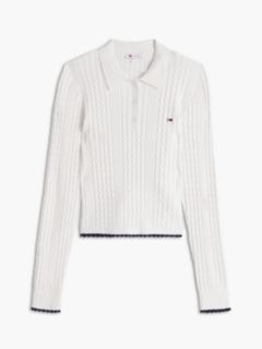 Micro Cable Knit Slim Polo Jumper — White 5