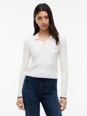 pull à col polo slim en maille à mini torsades white pour femmes tommy jeans
