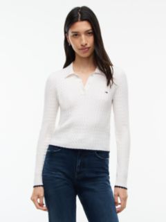 Micro Cable Knit Slim Polo Jumper — White 1