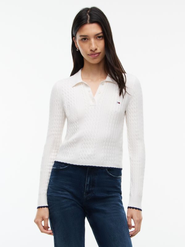Micro Cable Knit Slim Polo Jumper — White