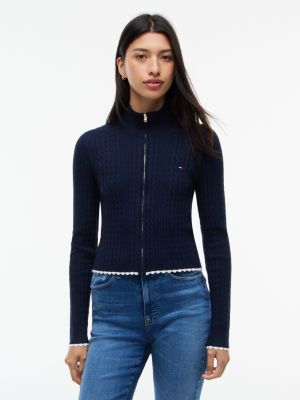 pull slim zippé en maille à mini torsades blue pour femmes tommy jeans