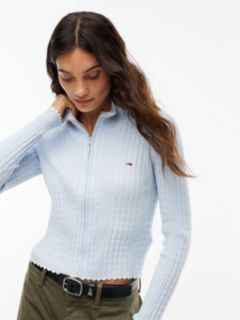 Micro Cable Knit Slim Zip-Thru Jumper — Blue 3