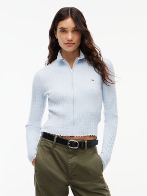 blue slim fit pullover mit mikro-zopfmuster für damen - tommy jeans