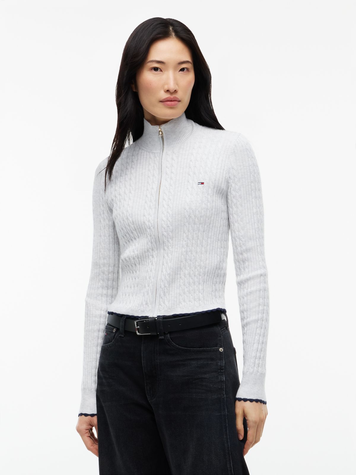 Micro Cable Knit Slim Zip-Thru Jumper — Grey