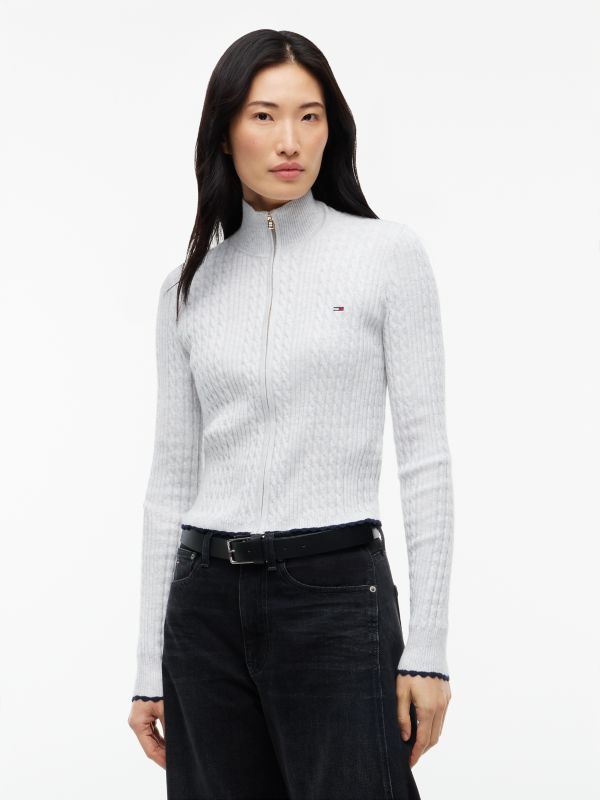 Micro Cable Knit Slim Zip-Thru Jumper — Grey