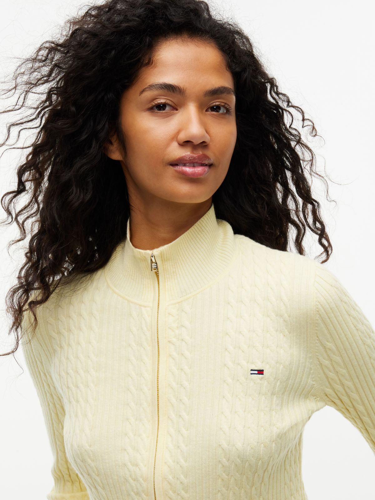 Micro Cable Knit Slim Zip-Thru Jumper — Yellow