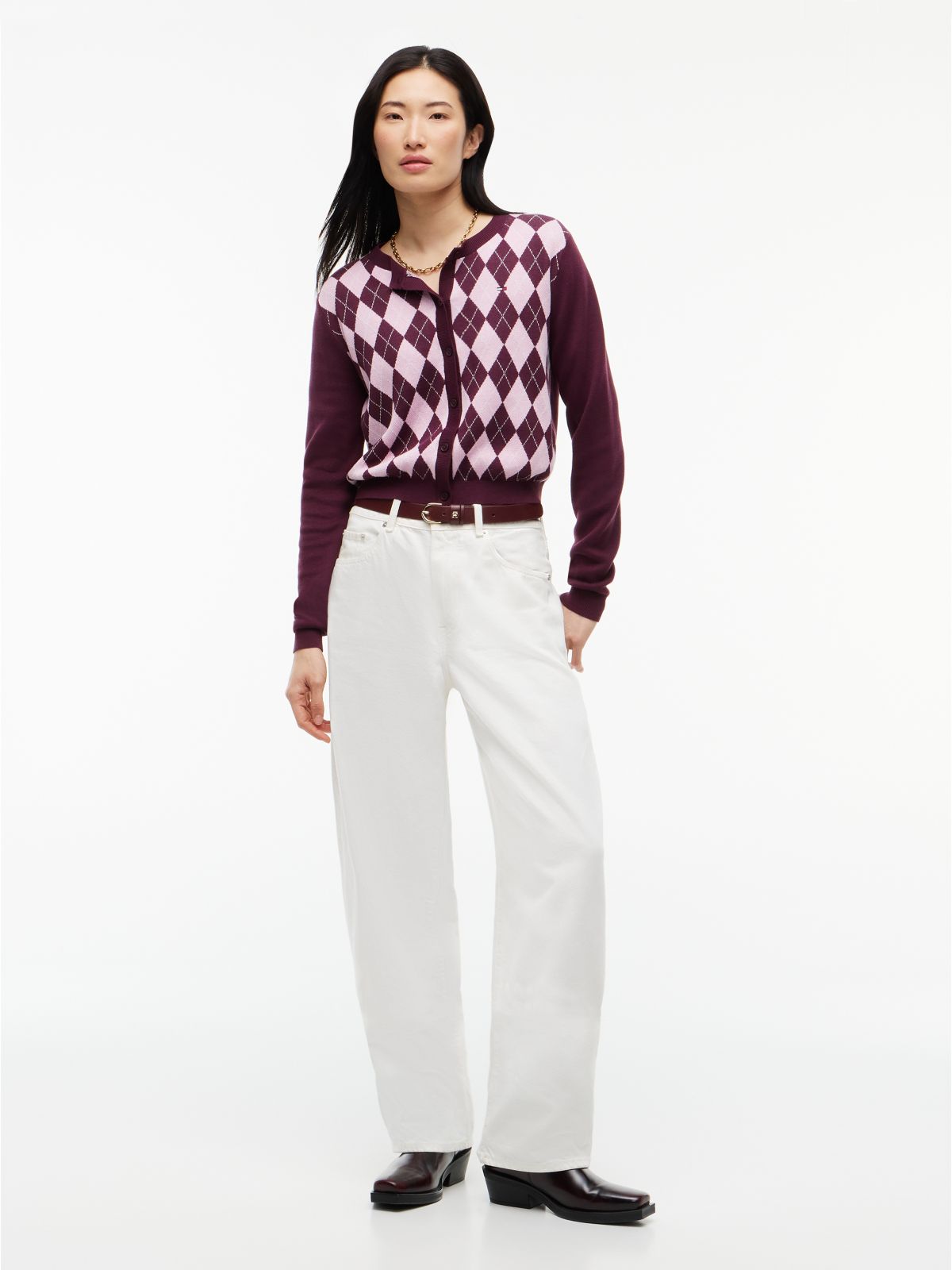 Argyle Crew Neck Cardigan — Purple