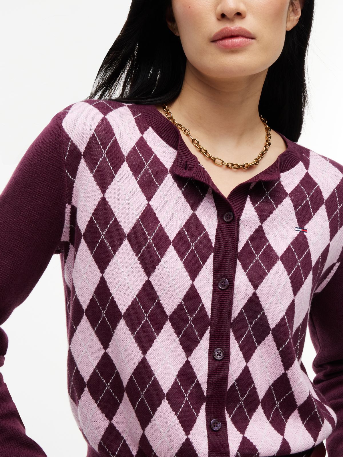 Argyle Crew Neck Cardigan — Purple