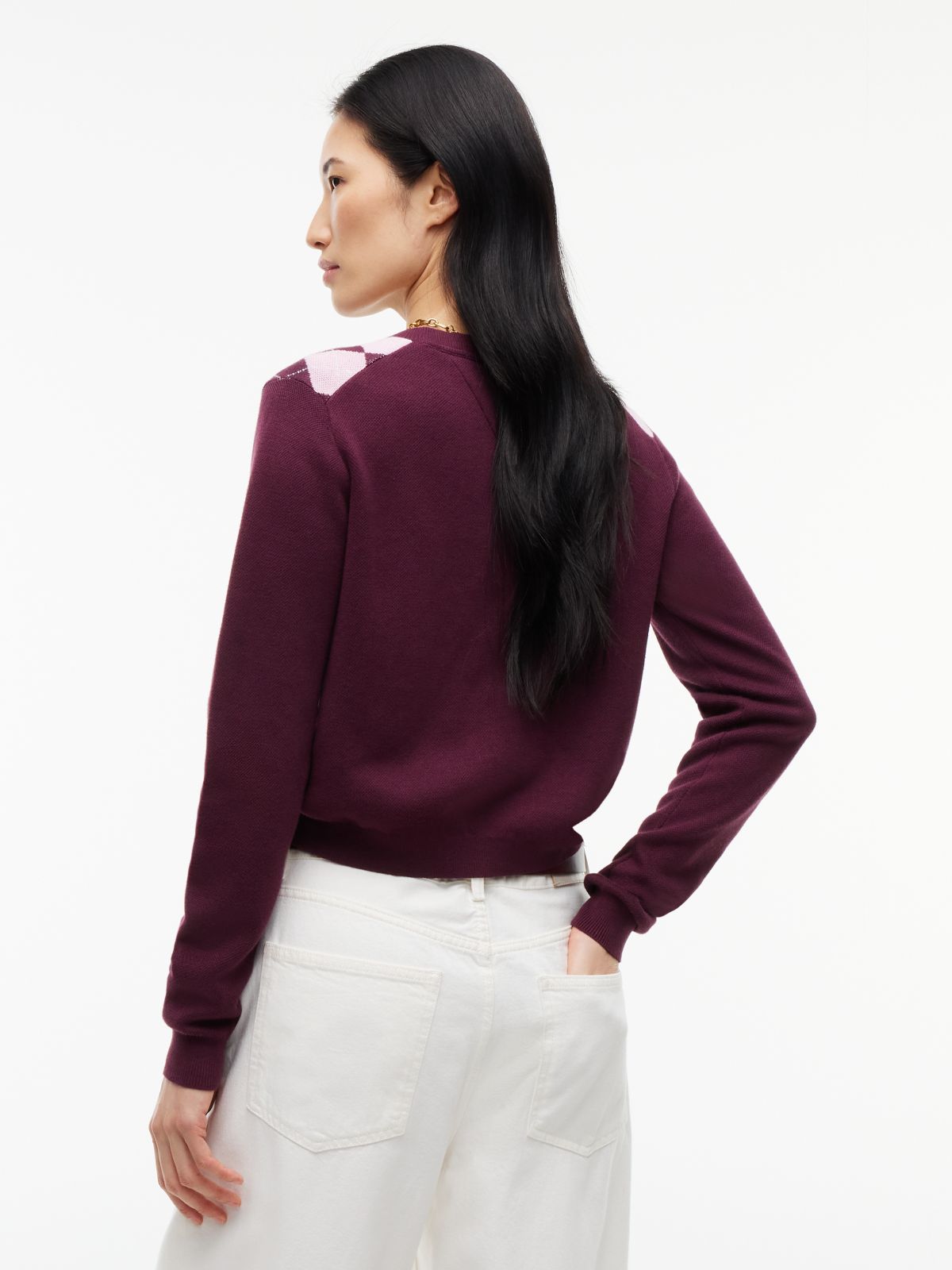 Argyle Crew Neck Cardigan — Purple