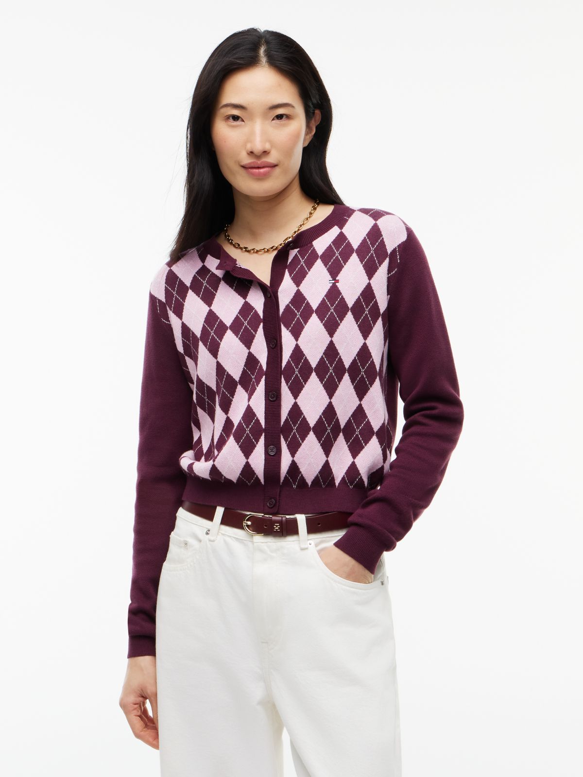 Argyle Crew Neck Cardigan — Purple