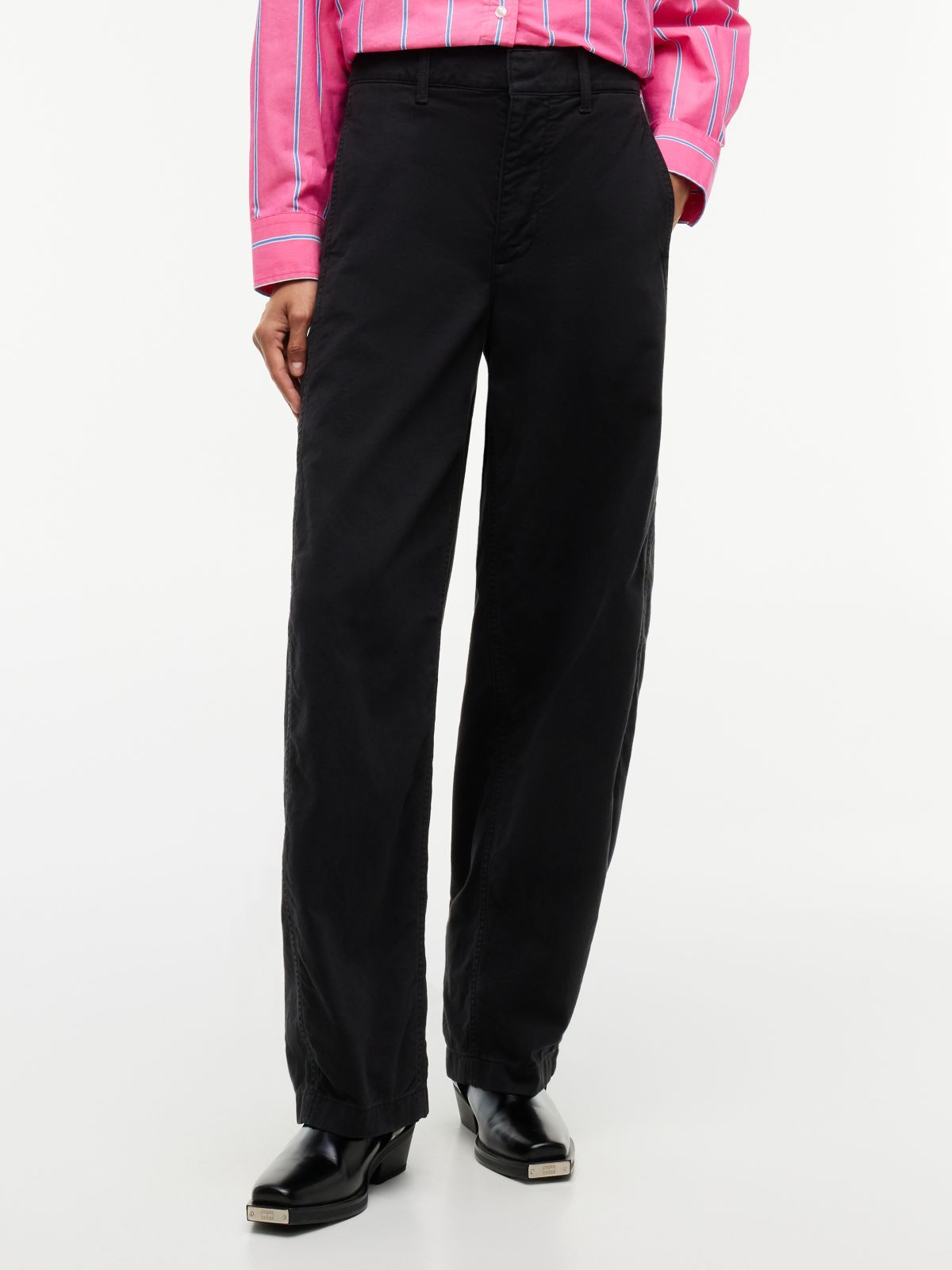 Twill Mid Rise Barrel Trousers — Black