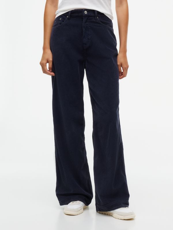 Corduroy High Rise Straight Trousers — Blue