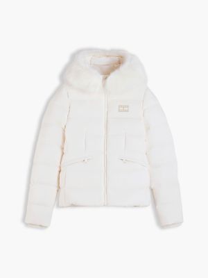 biały puchowa kurtka o wąskim kroju z kapturem dla kobiety - tommy jeans