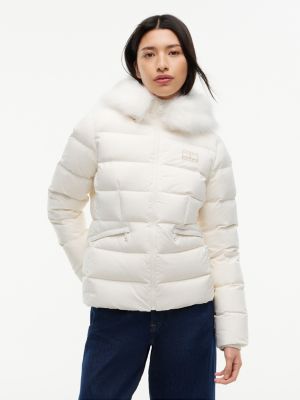 white puchowa kurtka o wąskim kroju z kapturem dla kobiety - tommy jeans