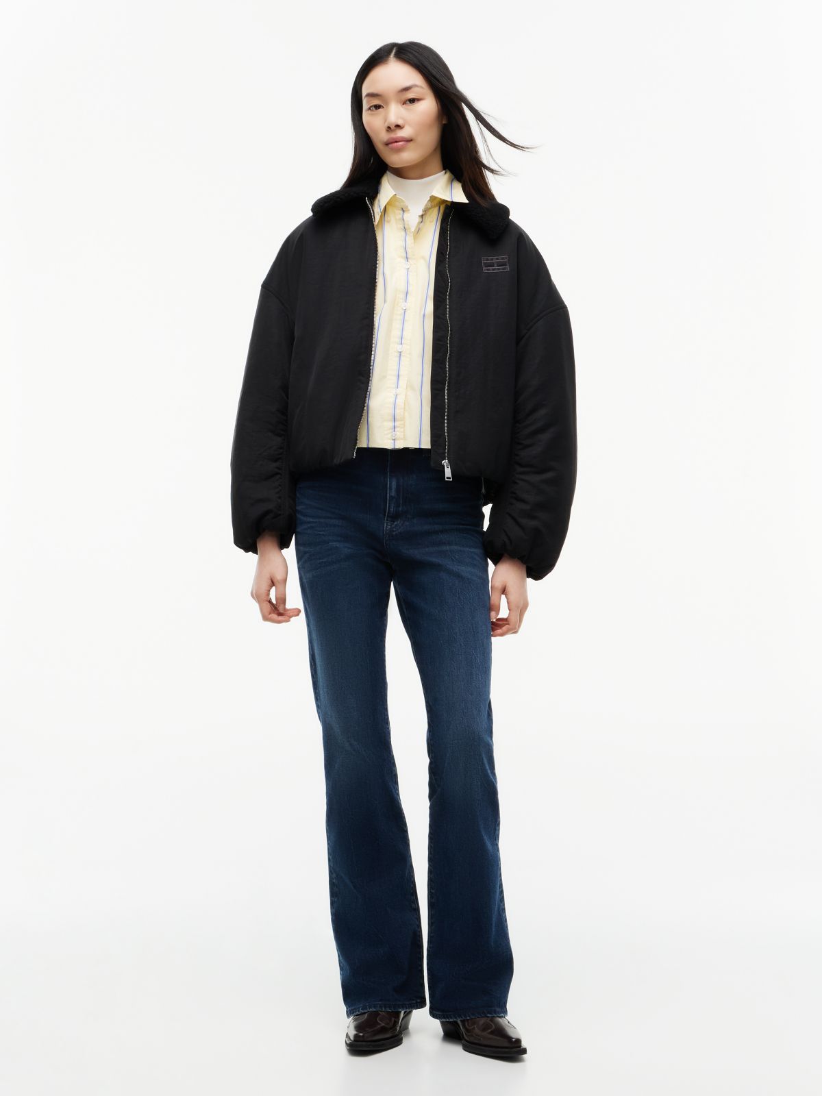 Faux Fur Collar Oversized Bomber Jacket — Black