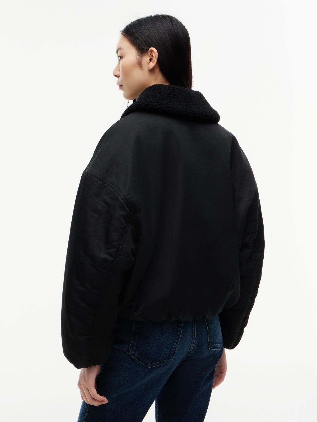 Faux Fur Collar Oversized Bomber Jacket — Black