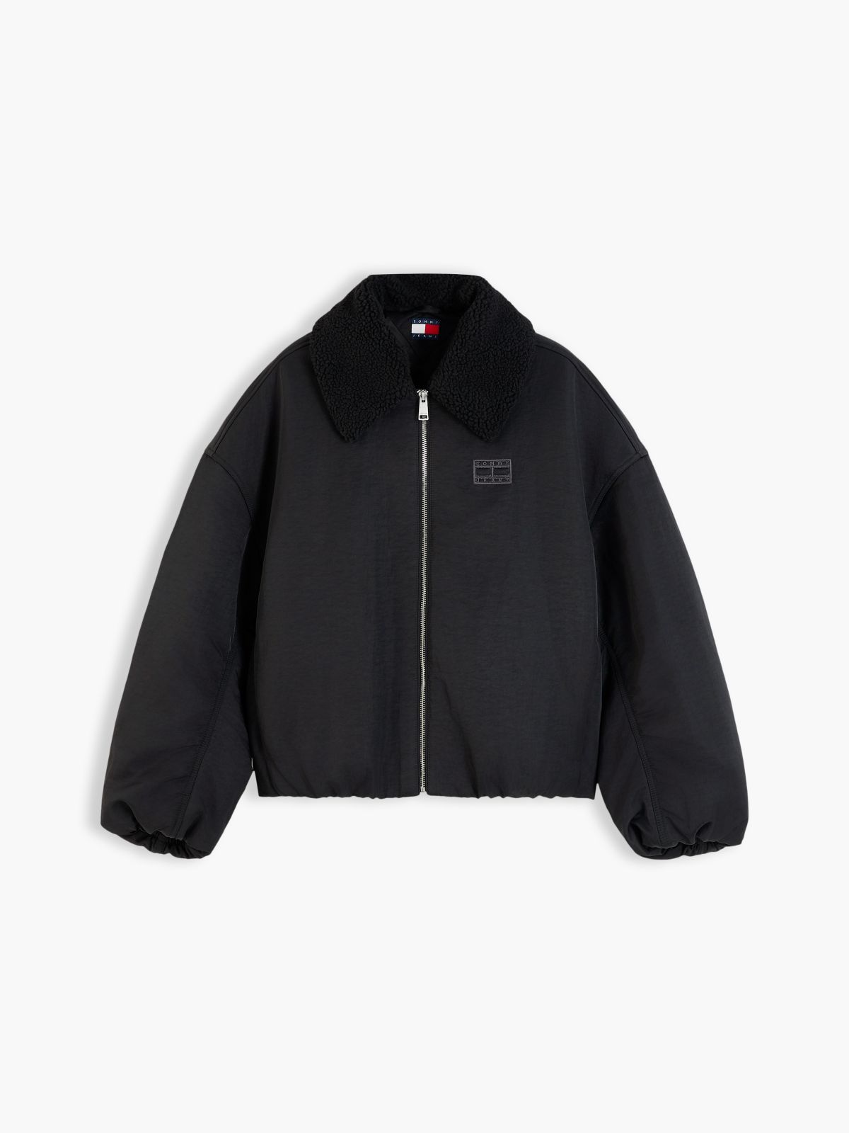 Faux Fur Collar Oversized Bomber Jacket — Black