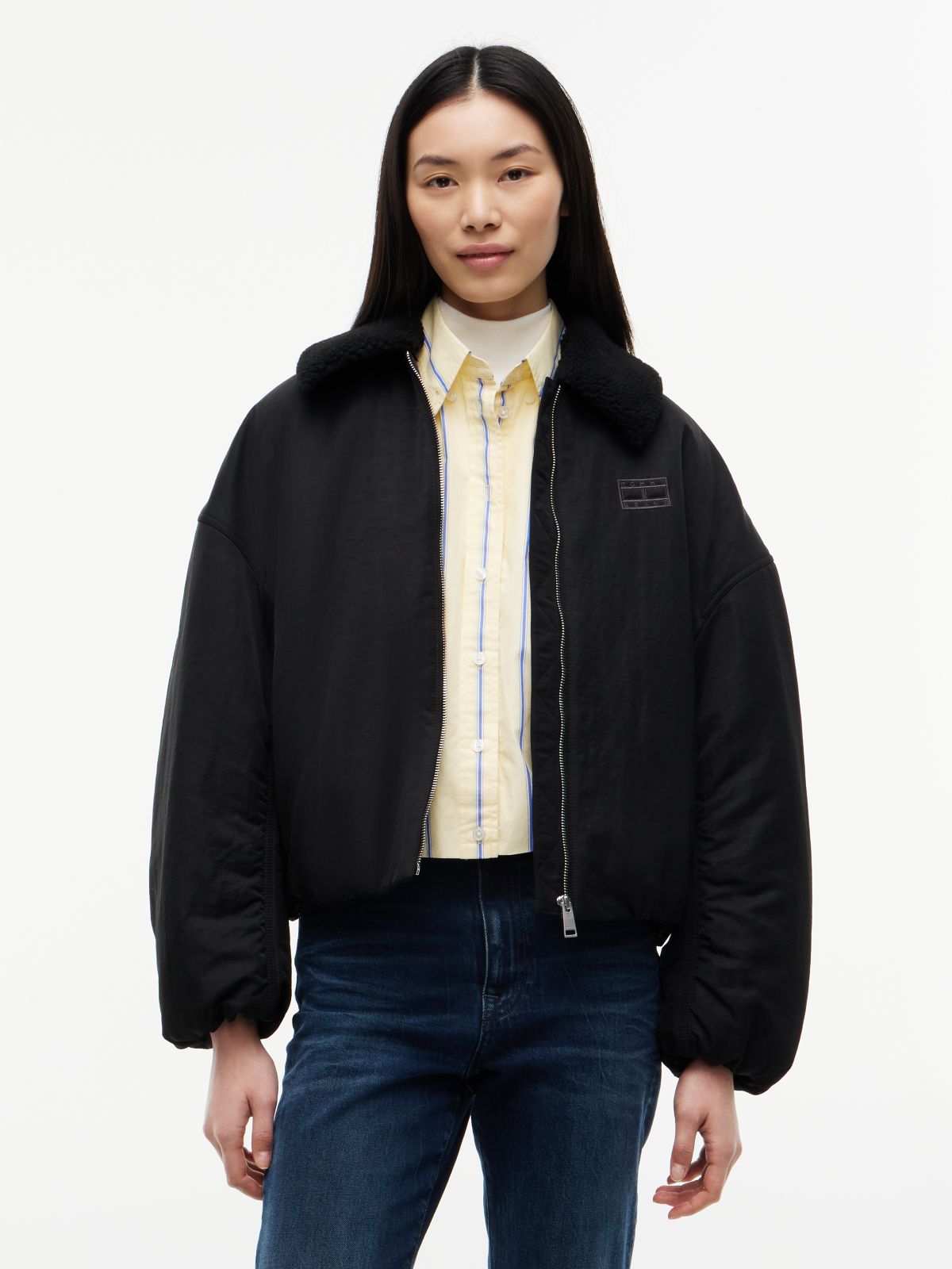 Faux Fur Collar Oversized Bomber Jacket — Black