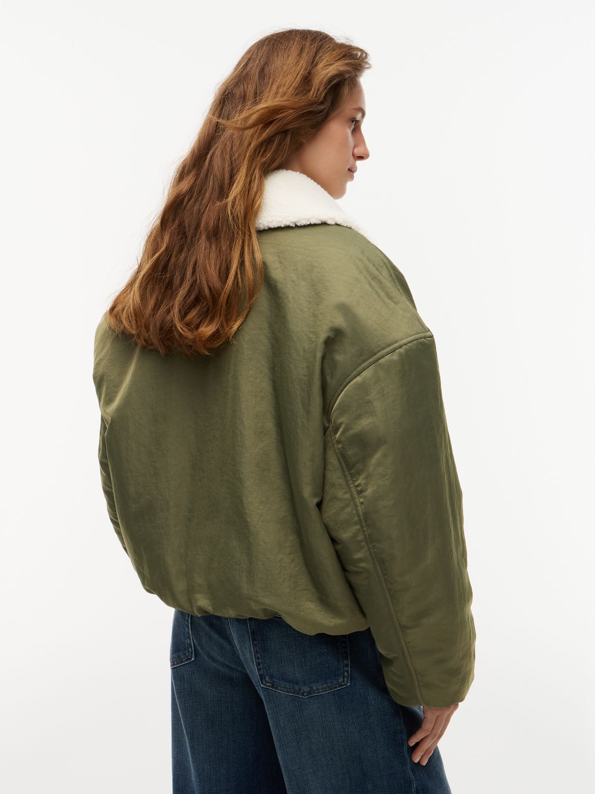 Faux Fur Collar Oversized Bomber Jacket — Green