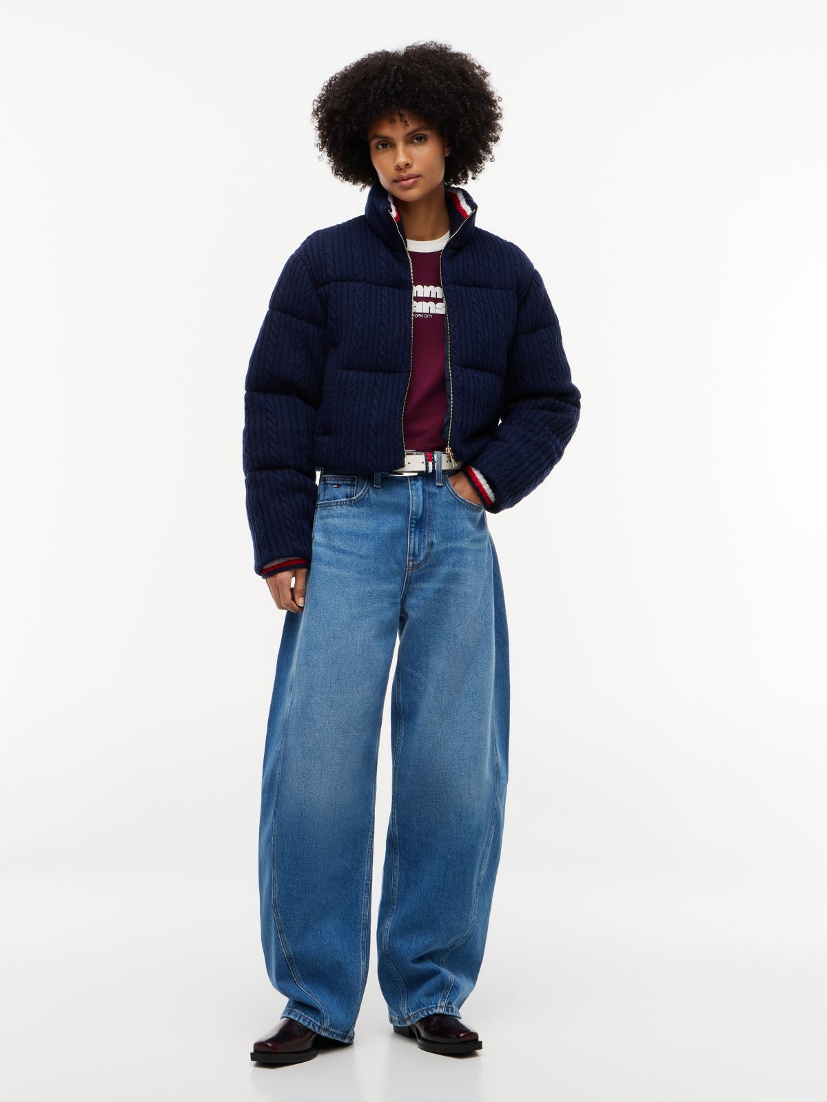 Cable Knit Relaxed Puffer Jacket — Blue