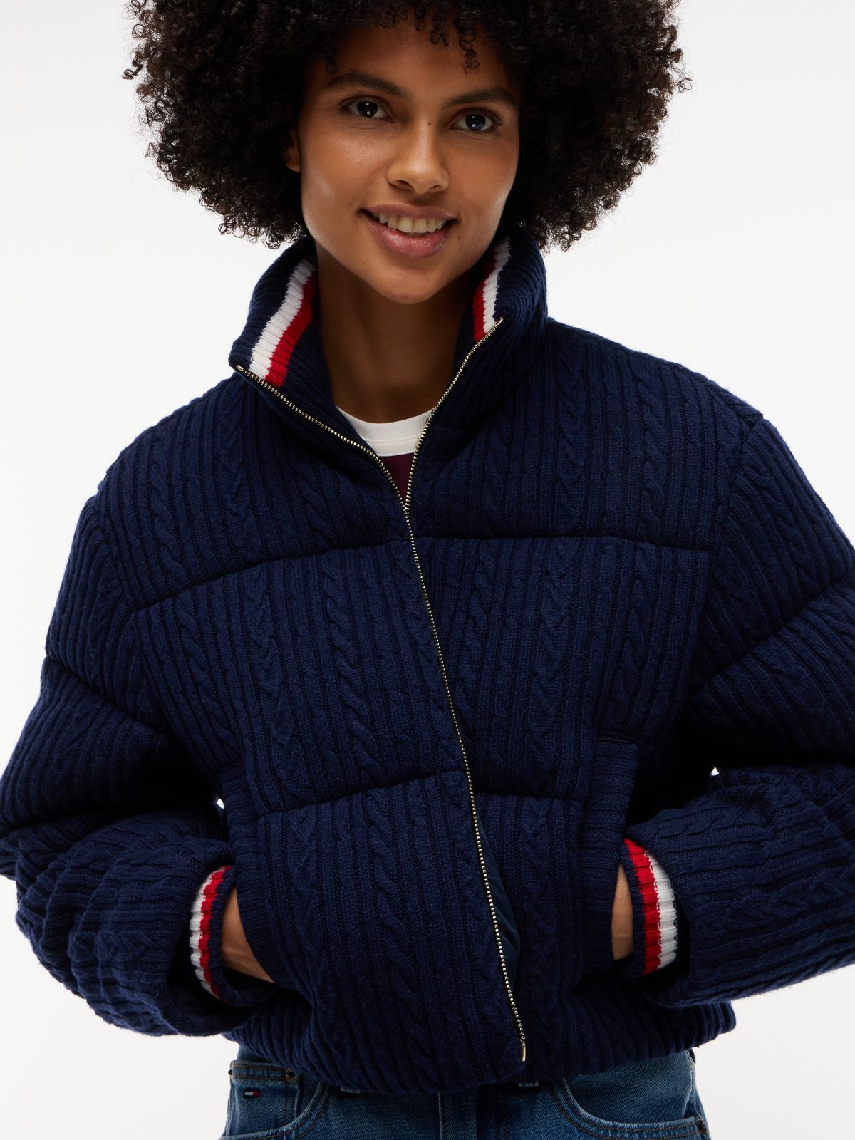 Cable Knit Relaxed Puffer Jacket — Blue
