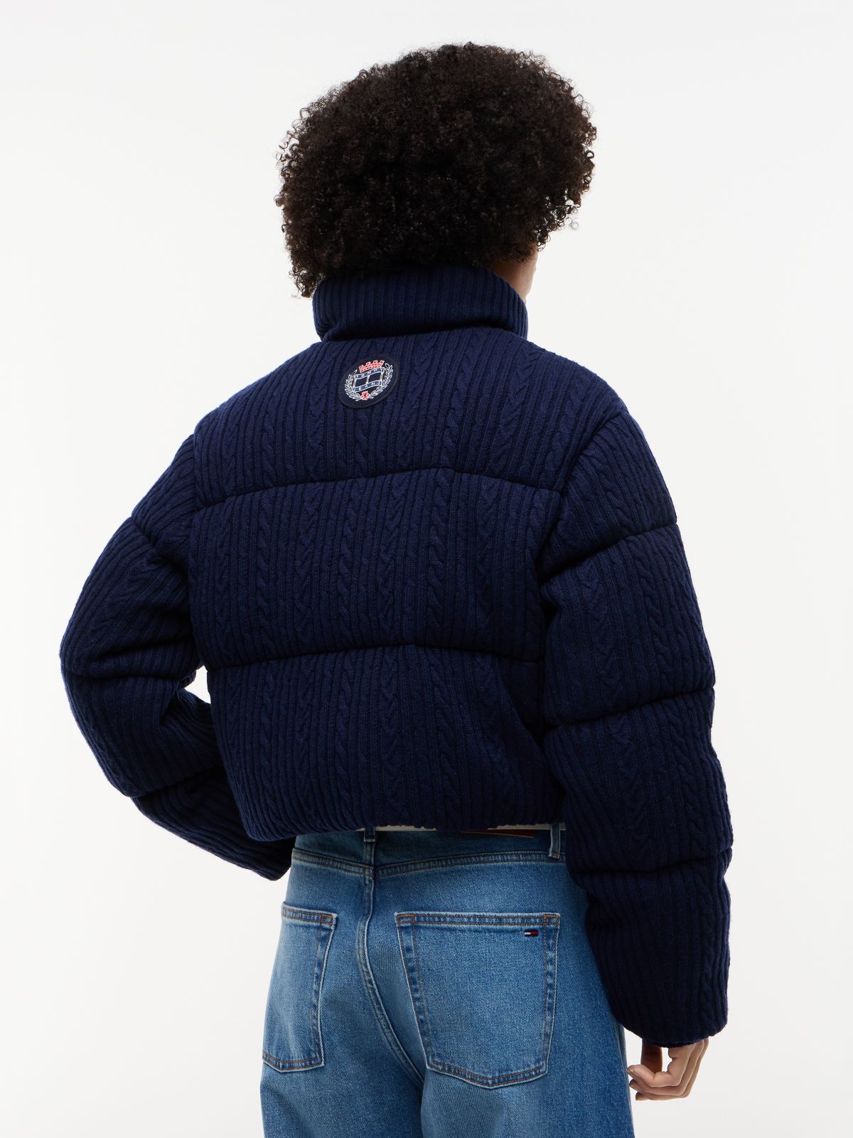 Cable Knit Relaxed Puffer Jacket — Blue