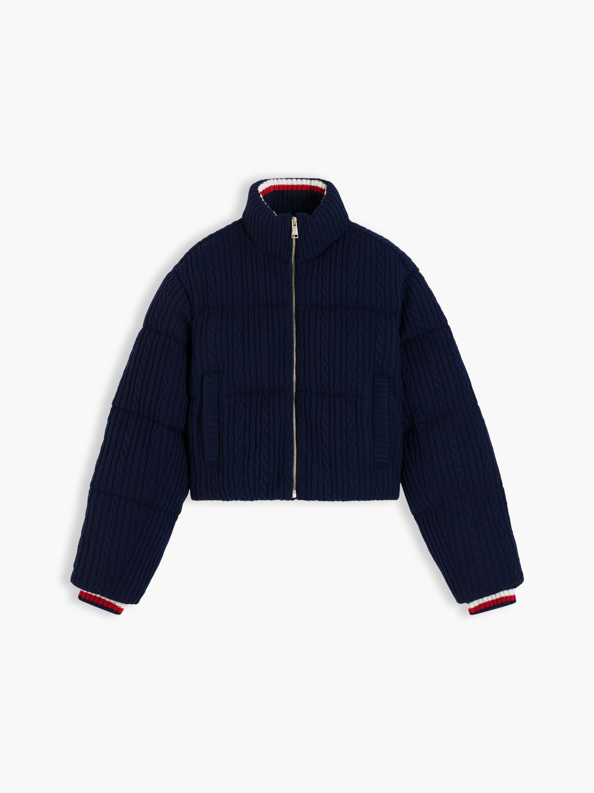 Cable Knit Relaxed Puffer Jacket — Blue