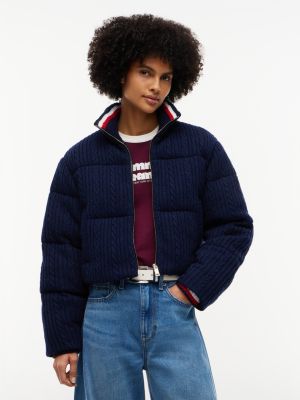 blue cable knit relaxed puffer jacket for women tommy jeans