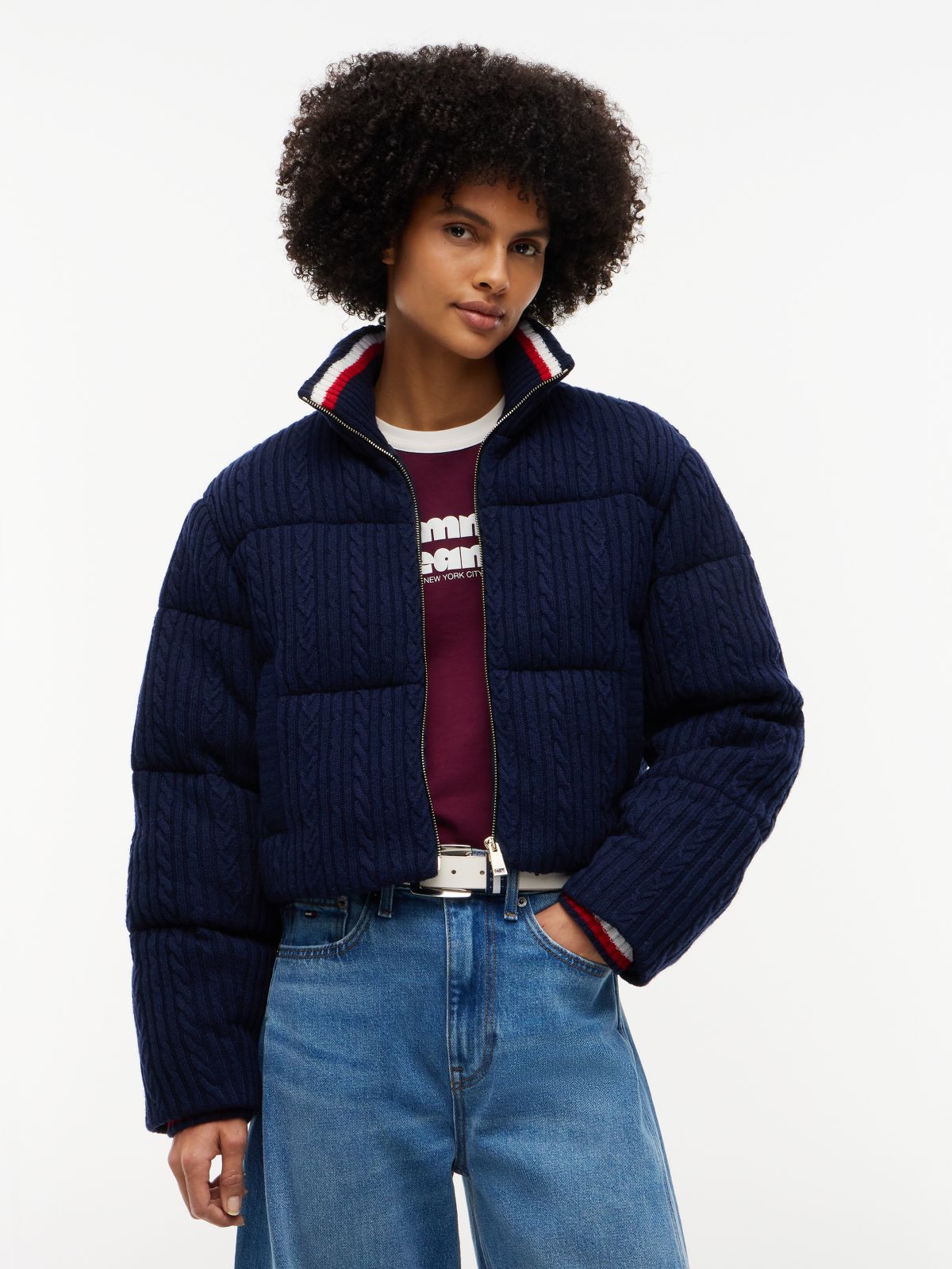 Cable Knit Relaxed Puffer Jacket — Blue