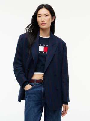 blue relaxed fit wool blend double breasted blazer for women tommy jeans