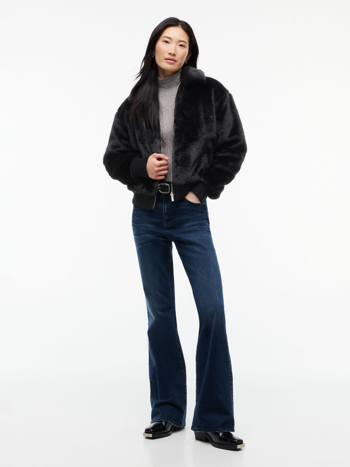 Faux Fur Relaxed Zip-Thru Jacket — Black