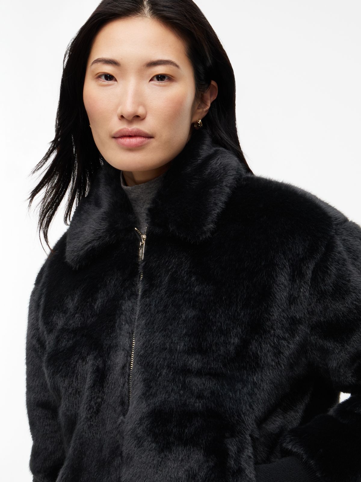 Faux Fur Relaxed Zip-Thru Jacket — Black