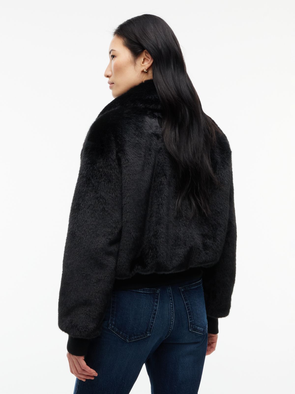 Faux Fur Relaxed Zip-Thru Jacket — Black